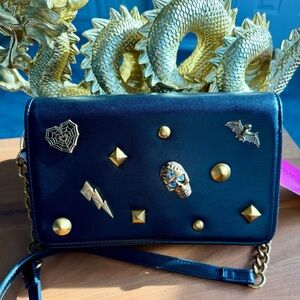 BETSEY JOHNSON BLACK CROSSBODY BAG WITH GOLD SKULL/GOTHIC EMBELLISHMENTS! NWT!!!